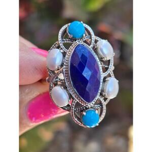 Vintage Nicky Butler Sterling Silver Pearl Lapis Turquoise Cluster Ring Size 11